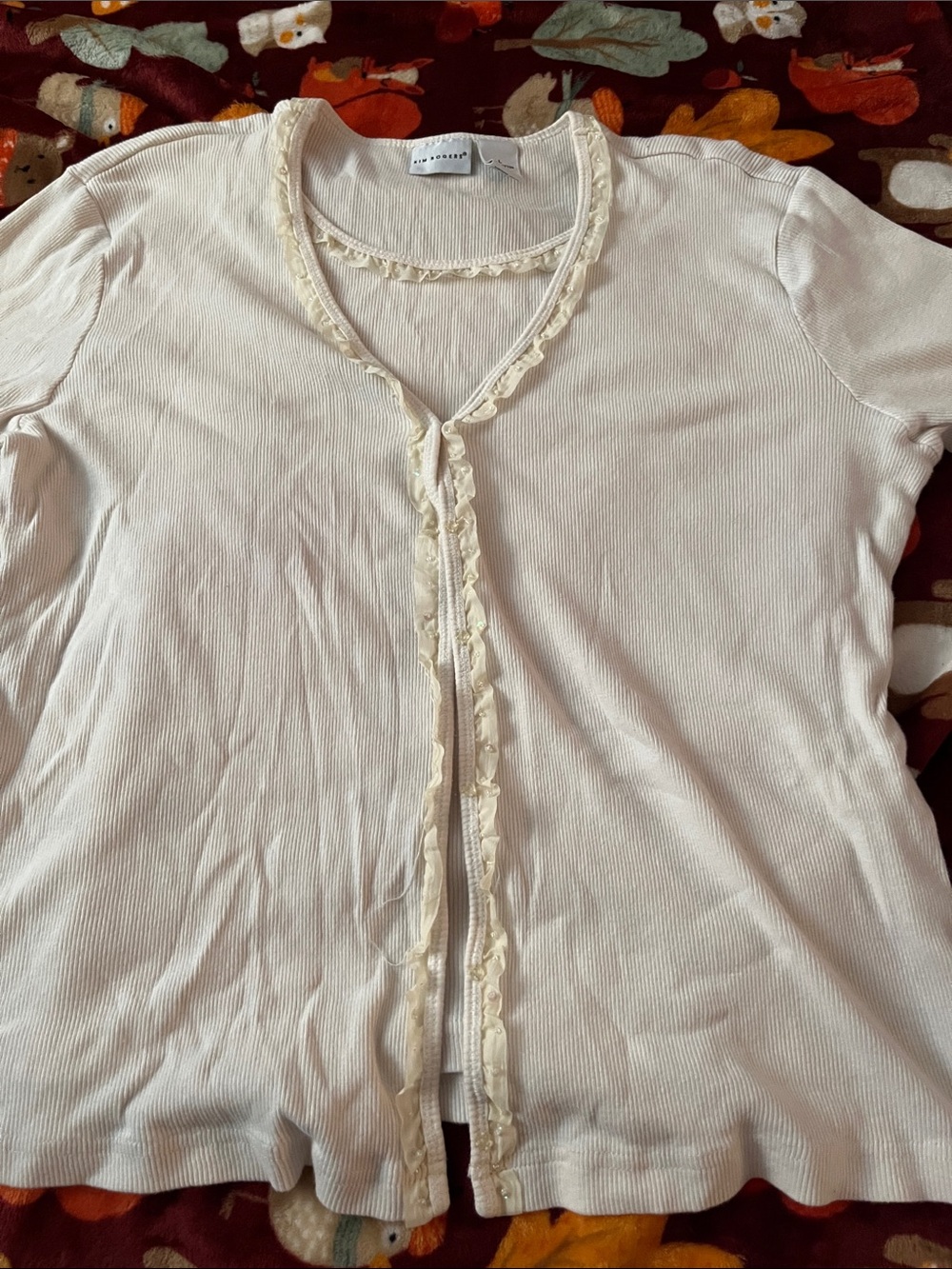 Kim Rogers Cream Ruffle-Trim Cardigan